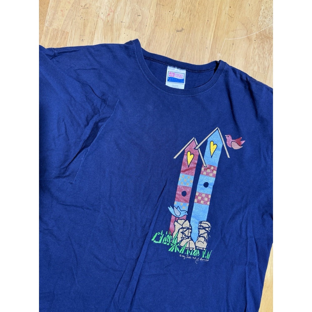 Hanes Her Way Shirt Womens XL Blue Birdhouse Birds Graphic Cotton USA Made